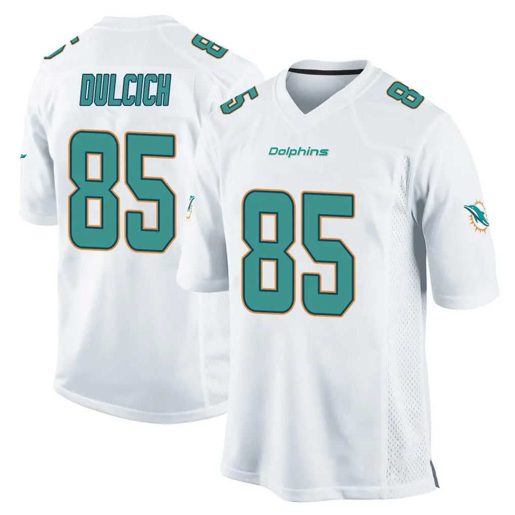 Tlead M.Dolphins #85 Greg Dulcich Player White Home Game Stitched Jerseys