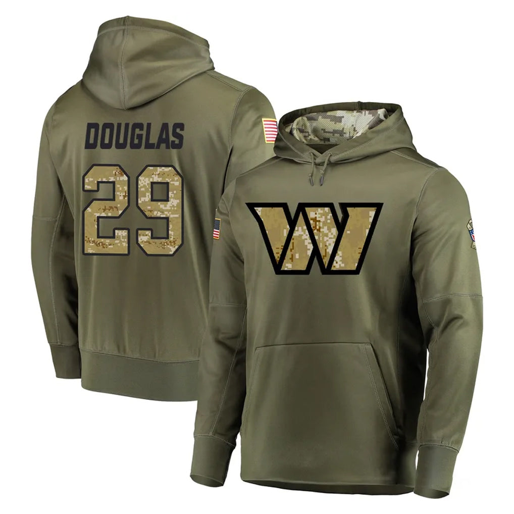 Tlead W.Commanders #29 Rasul Douglas Player Olive Salute to Service Pullover Hoodie Limited Home Game Stitched Jerseys