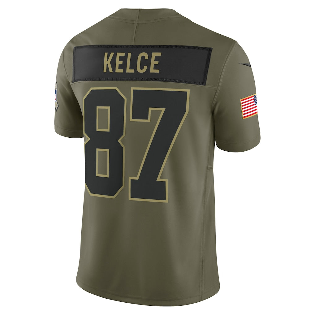 Tlead KC.Chiefs #87 Travis Kelce Olive 2025 Salute to Service Limited Jersey