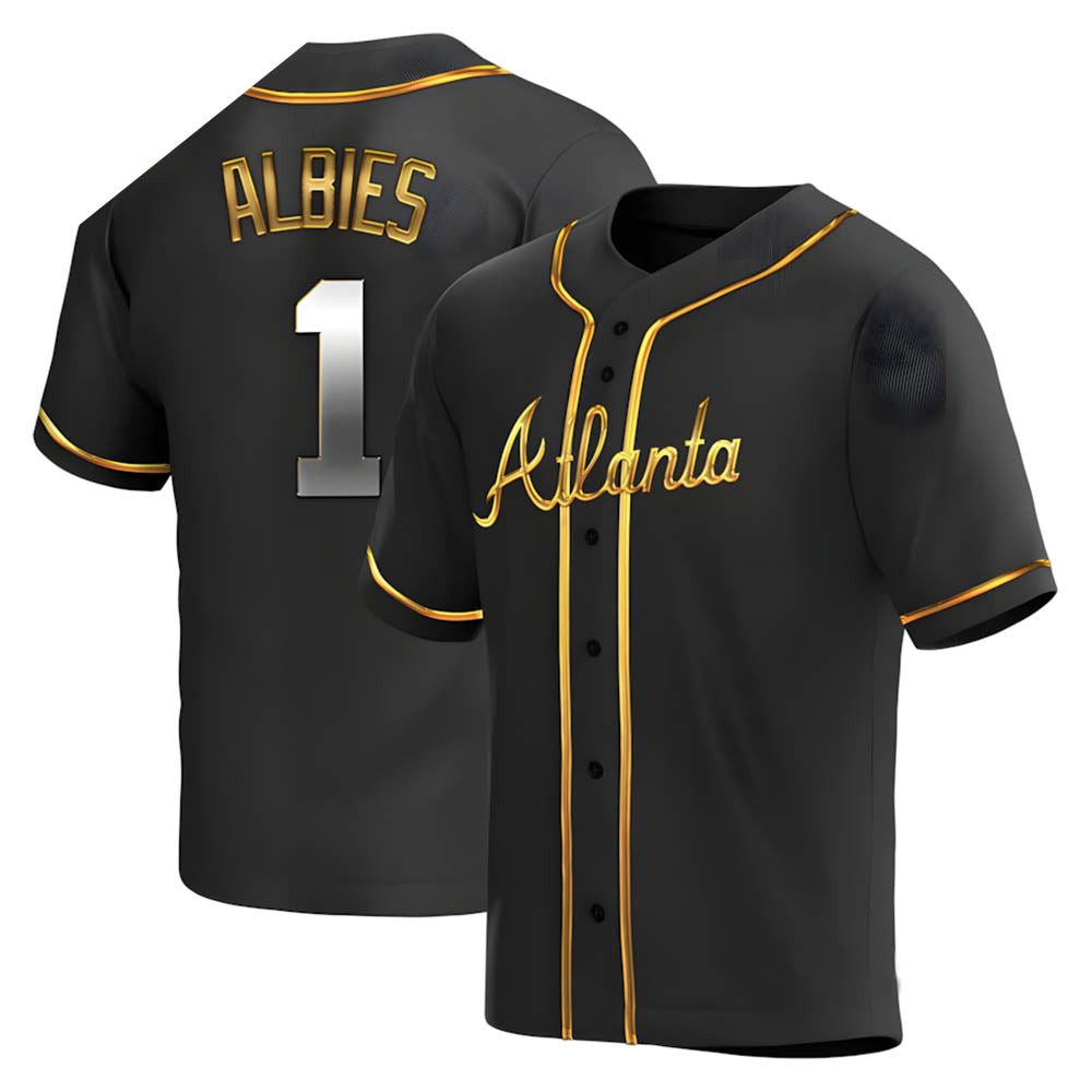 Tlead A.Braves #1 Ozzie Albies Player Gold Replica Black en Alternate Stitched Jerseys