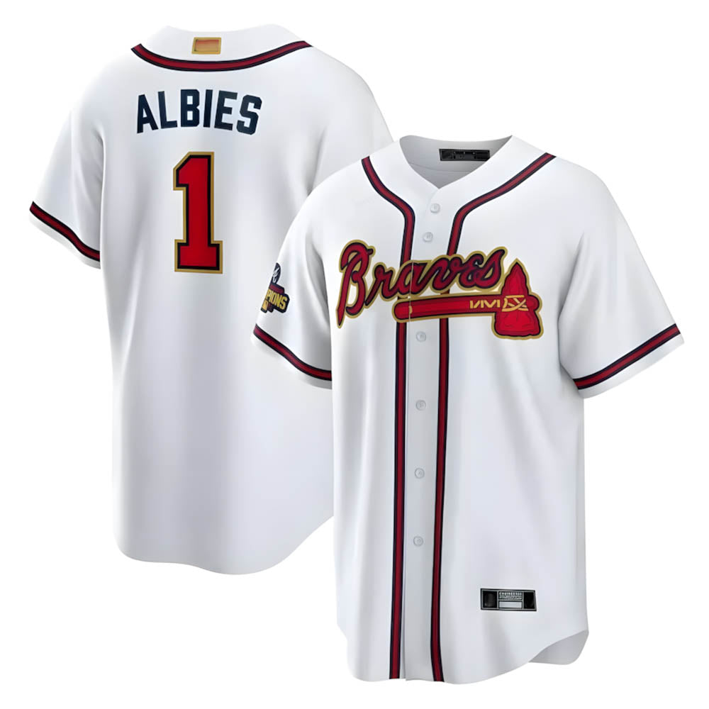 Tlead A.Braves #1 Ozzie Albies Player White World Series Gold Program Stitched Jerseys