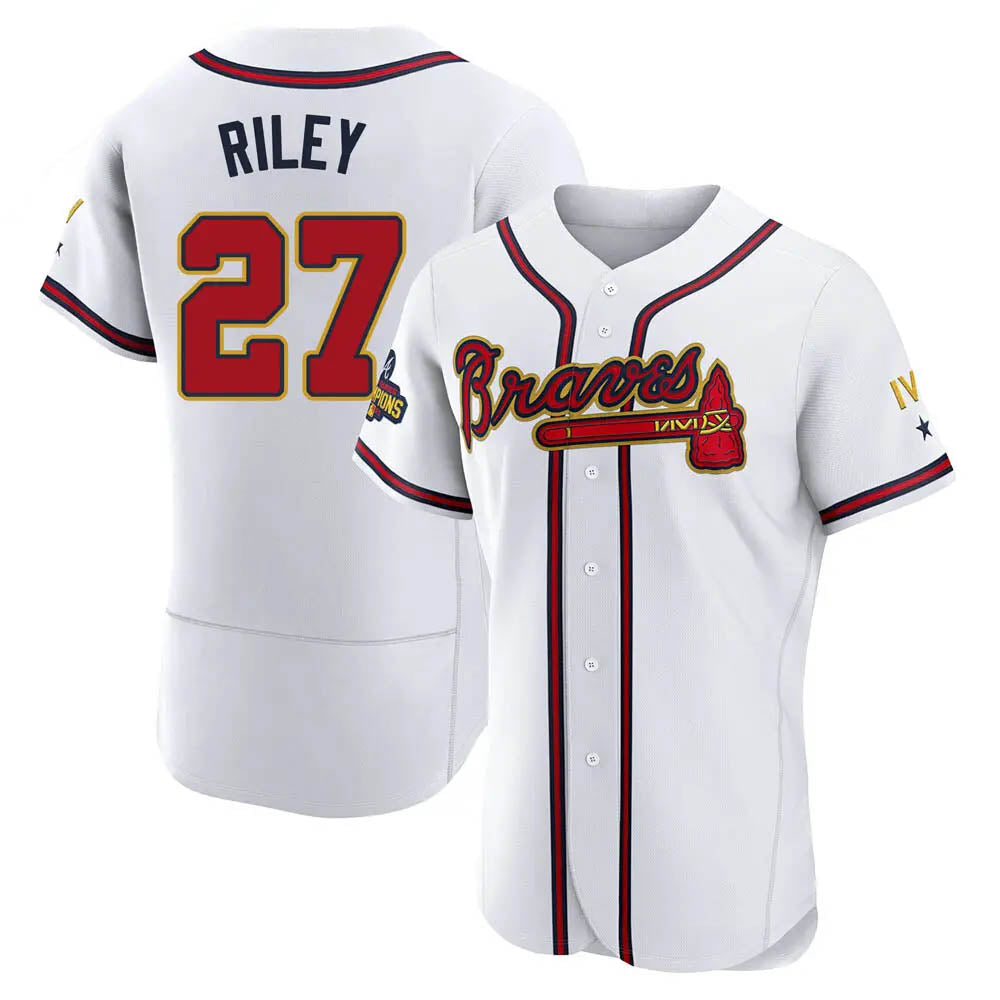 Tlead A.Braves #27 Austin Riley Player White&Gold Authentic Program Stitched Jerseys