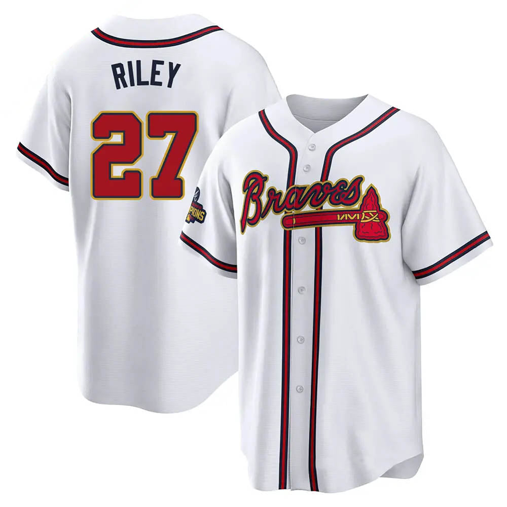 Tlead A.Braves #27 Austin Riley Player White&Gold Replica Program Stitched Jerseys