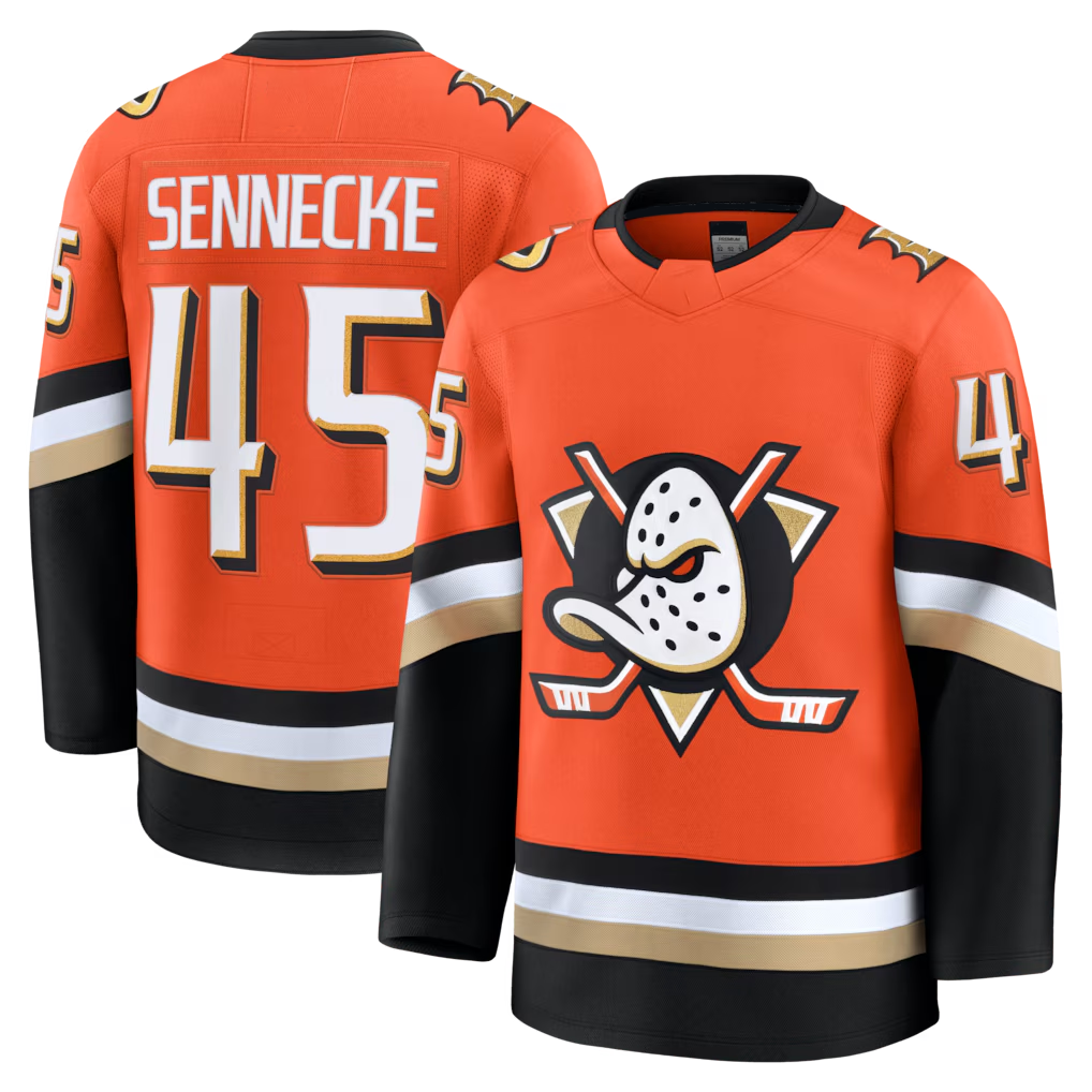 Tlead A.Ducks #45 Beckett Sennecke Orange Home Premium Jerseys