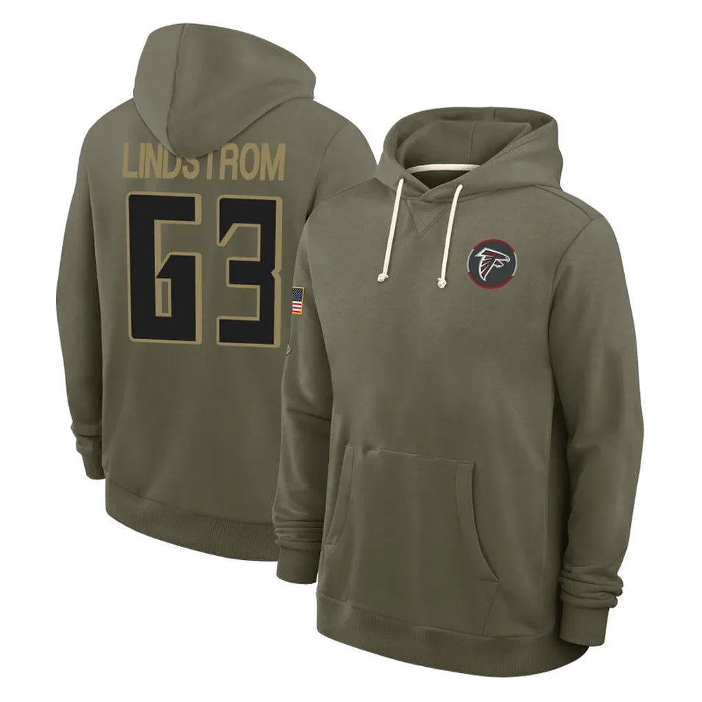 Tlead A.Falcons #63 Chris Lindstrom Player Olive 2025 Salute to Service Hoodies Stitched Jerseys