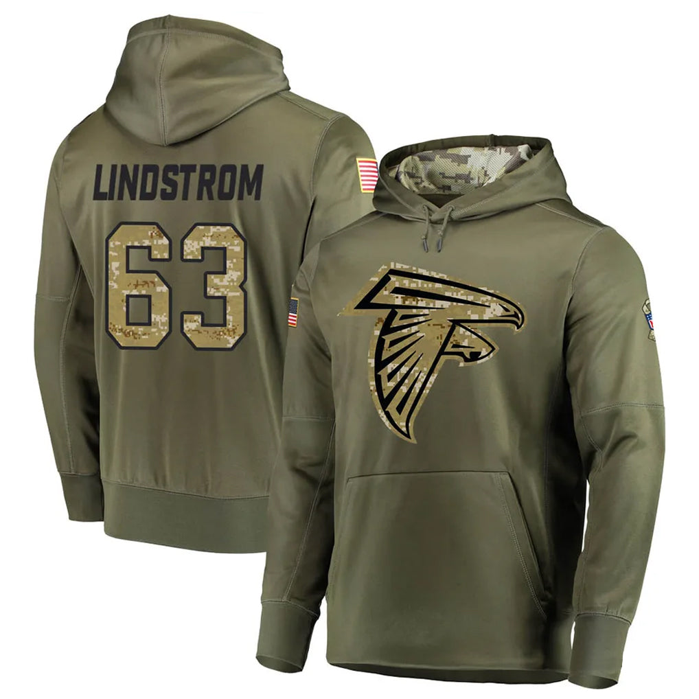 Tlead A.Falcons #63 Chris Lindstrom Player Olive Salute to Service Club Fleece Hoodie Stitched Jerseys