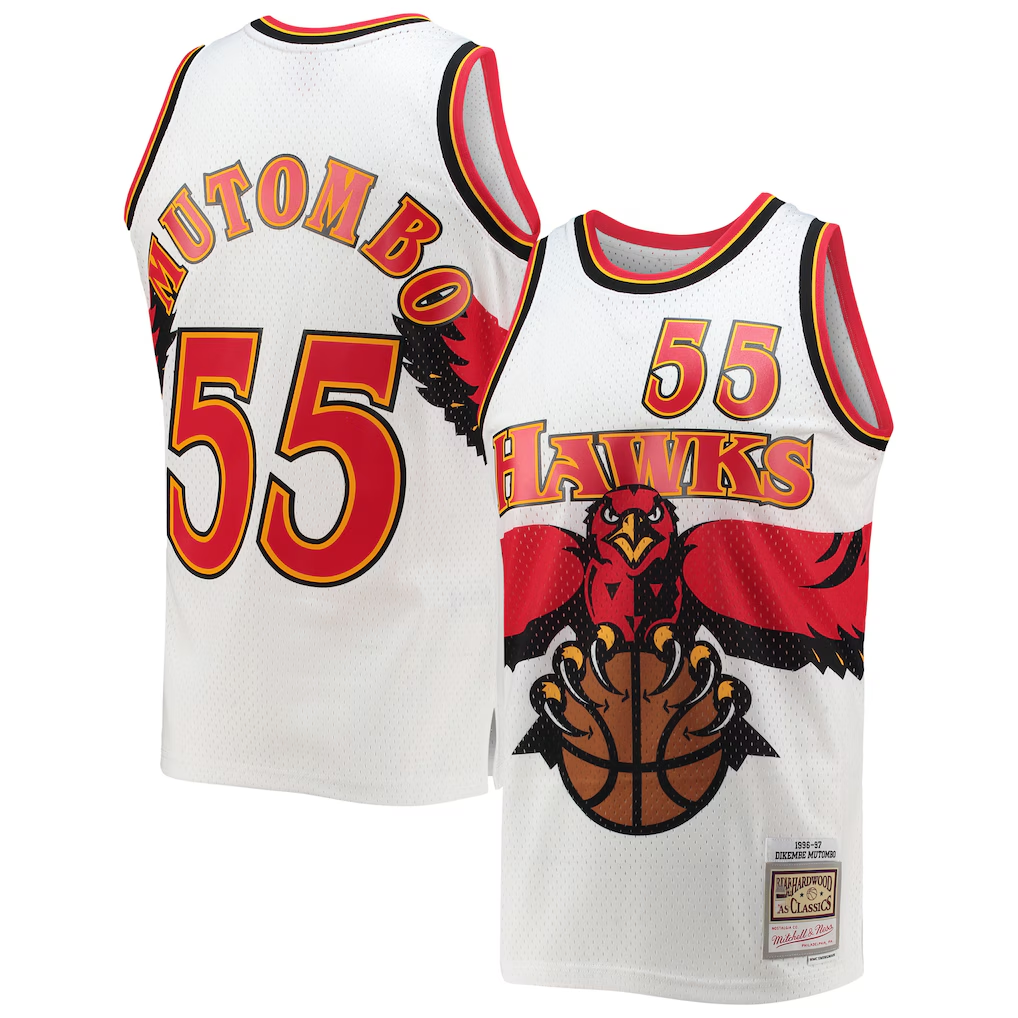 Tlead A.Hawks #55 Dikembe Mutombo Mitchell & Ness White 199697 Hardwood Classics Swingman Jerseys