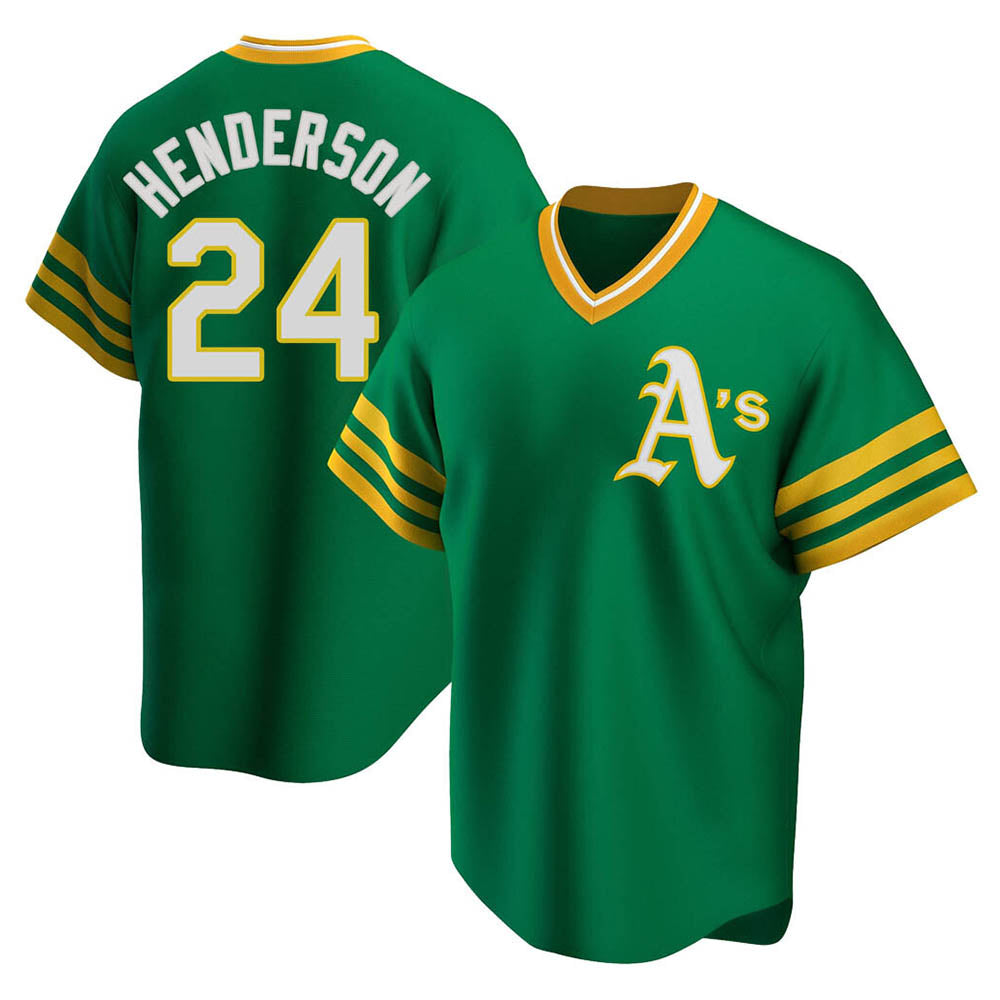 Tlead Athletics #24 Rickey Henderson Player Green Replica Cooperstown Collection T shirt Stitched Jersey