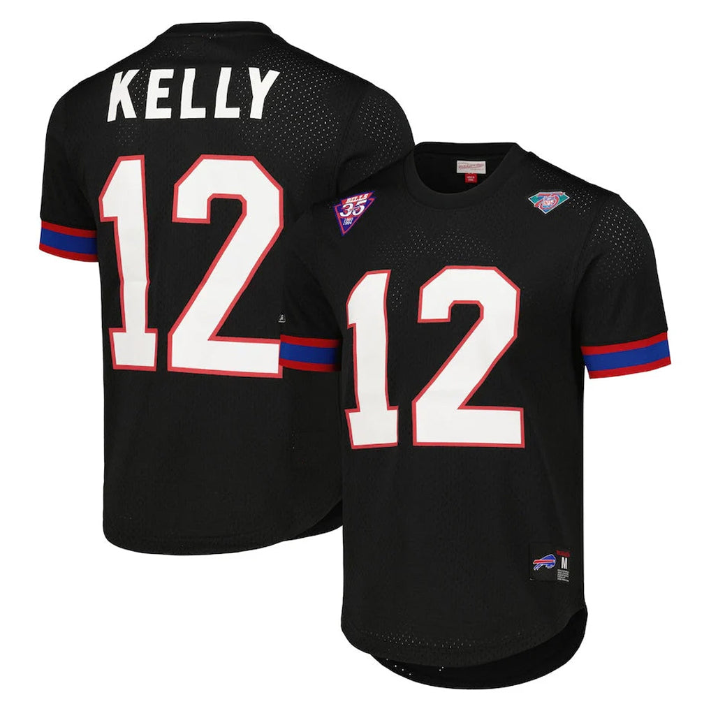 Tlead B.Bills #12 Jim Kelly Player Black Mitchell & Ness Replica Mesh Limited Stitched Jerseys