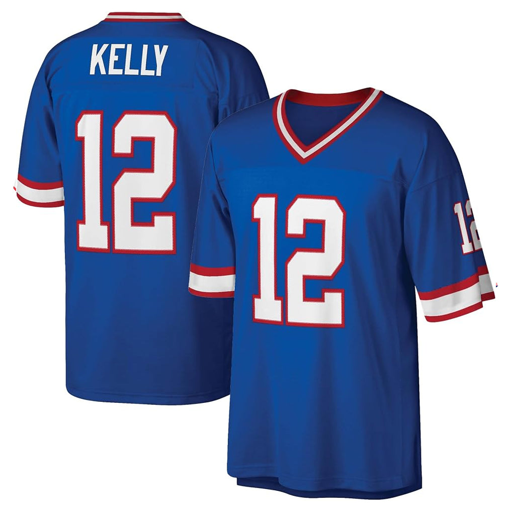 Tlead B.Bills #12 Jim Kelly Player Blue Replica Throwback Limited Stitched Jerseys