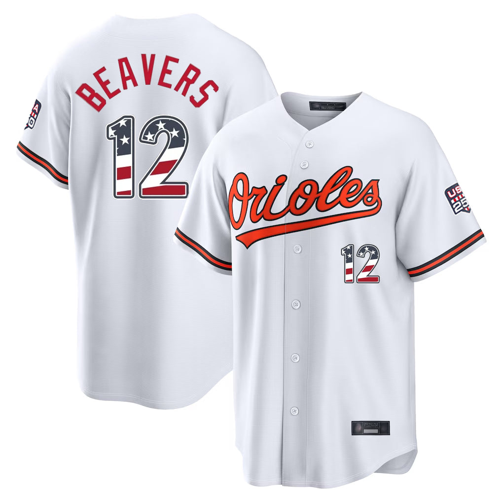 Tlead B.Orioles #12 Dylan Beavers Player White USA 250 Fourth of July Home Game Stitched Jerseys
