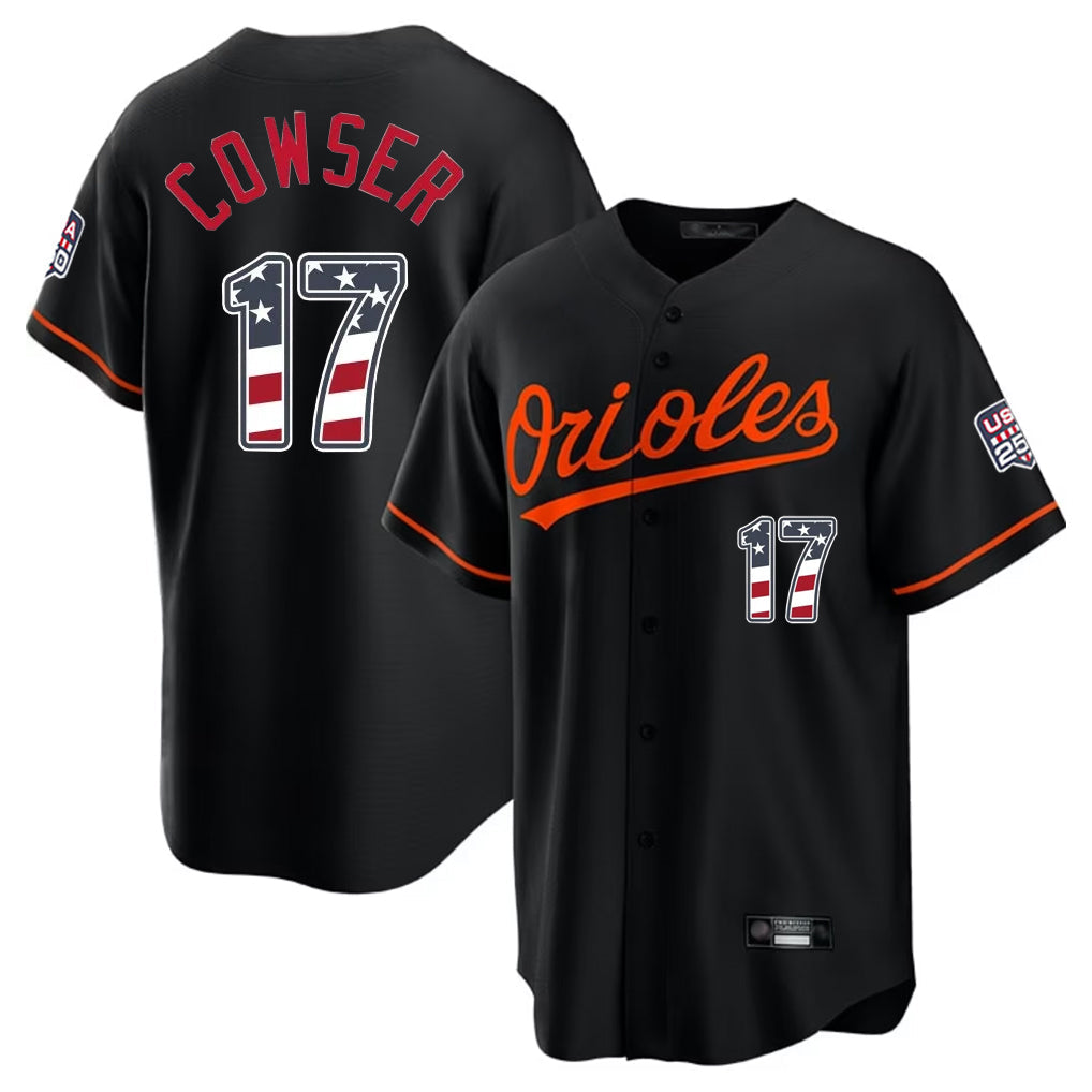 Tlead B.Orioles #17 Colton Cowser Player Black USA 250 Fourth of July Home Game Stitched Jerseys