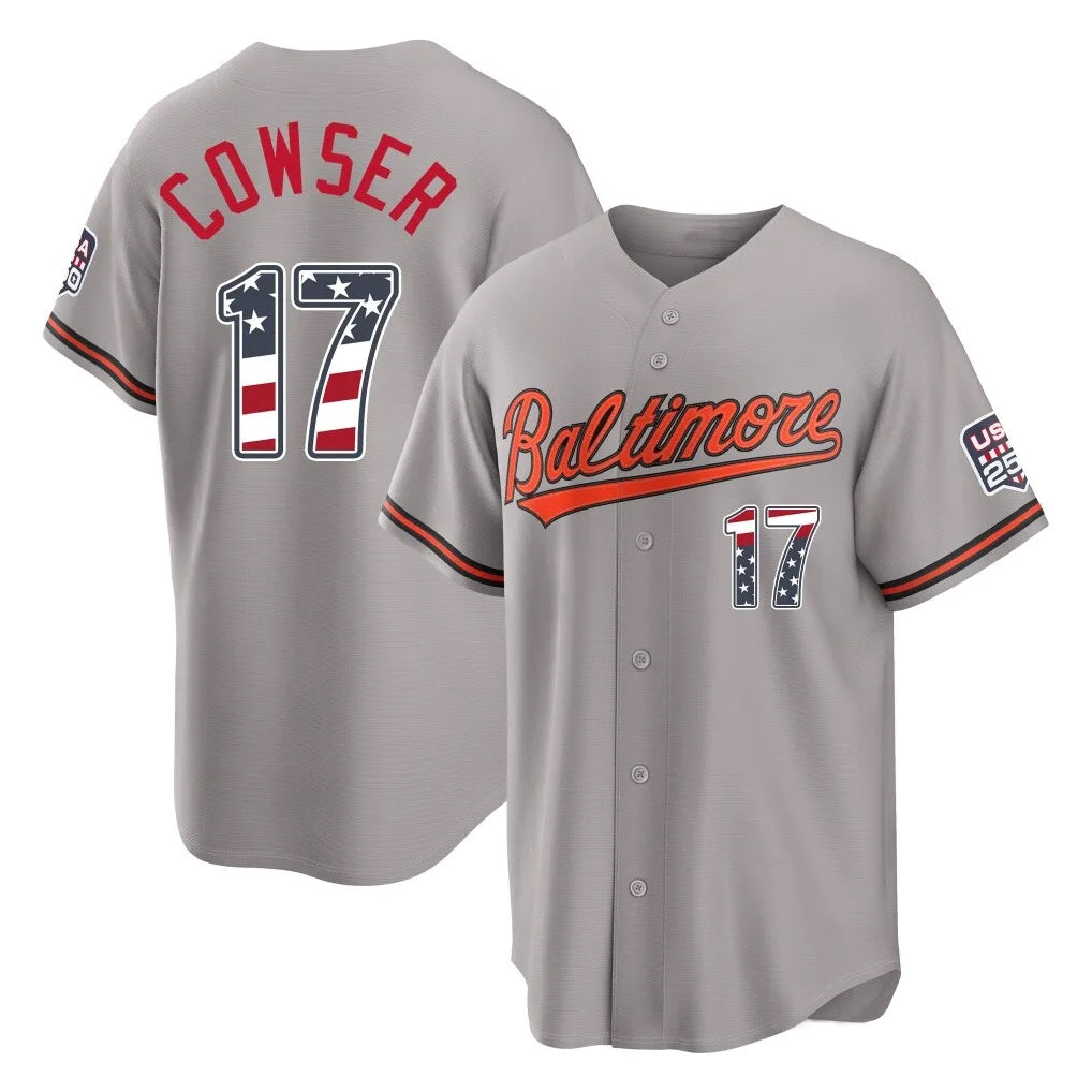 Tlead B.Orioles #17 Colton Cowser Player Gray USA 250 Fourth of July Home Game Stitched Jerseys