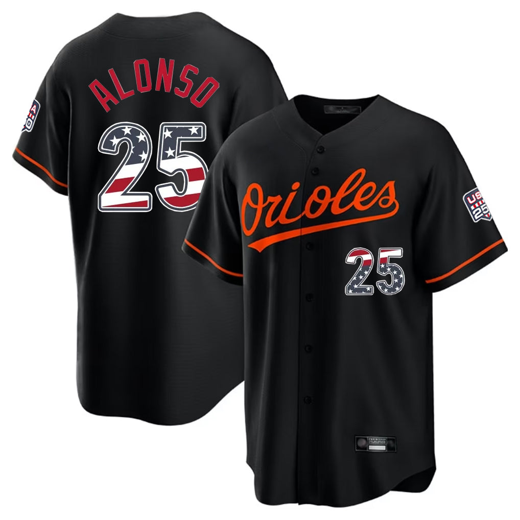 Tlead B.Orioles #25 Pete Alonso Player Black USA 250 Fourth of July Home Game Stitched Jerseys