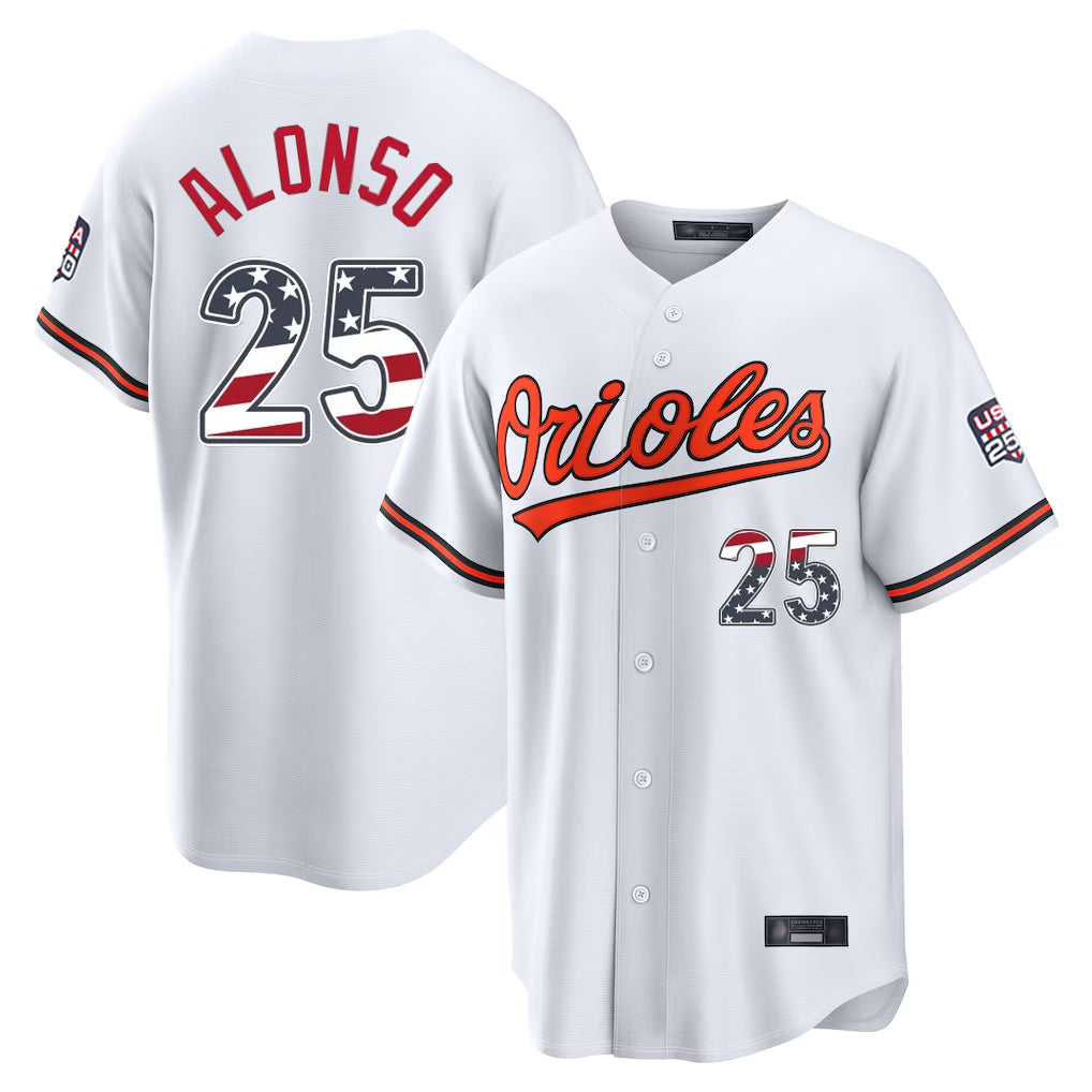 Tlead B.Orioles #25 Pete Alonso Player White USA 250 Fourth of July Home Game Stitched Jerseys