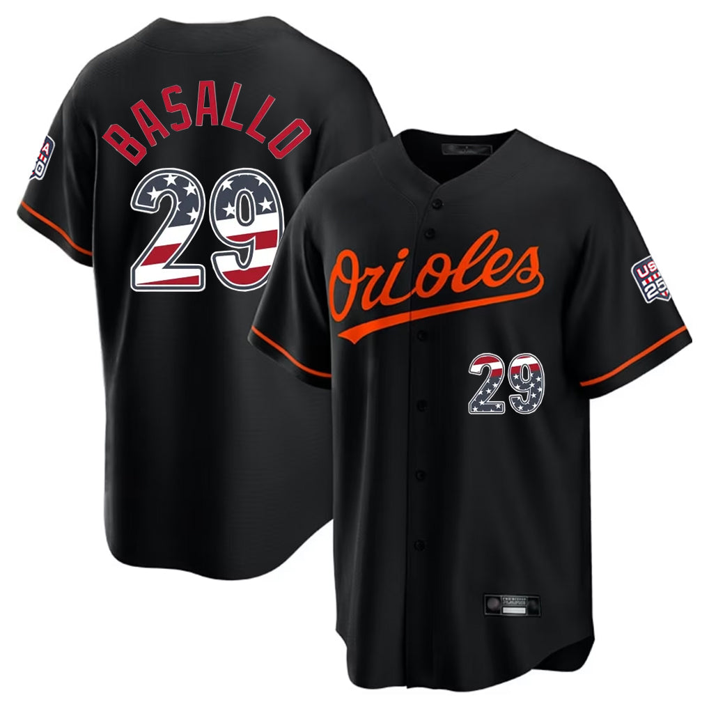Tlead B.Orioles #29 Samuel Basallo Player Black USA 250 Fourth of July Home Game Stitched Jerseys