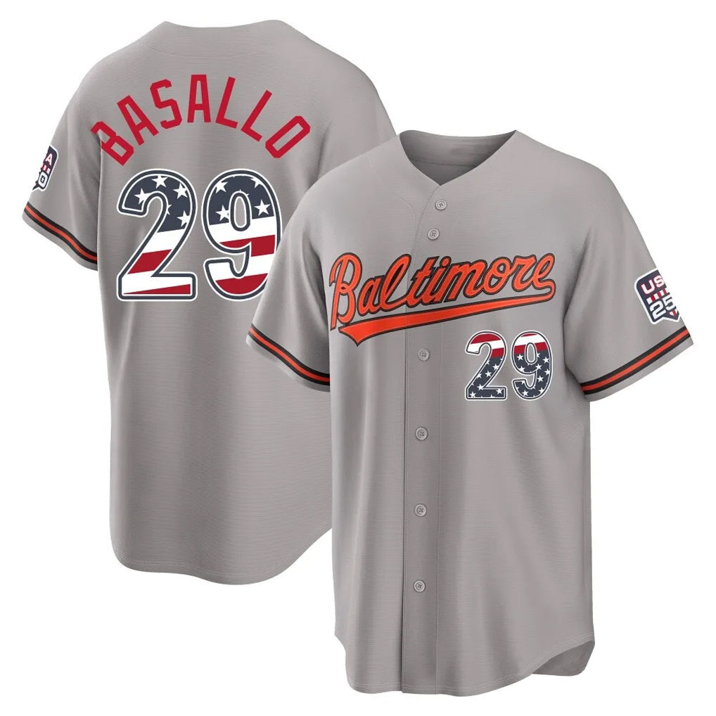 Tlead B.Orioles #29 Samuel Basallo Player Gray USA 250 Fourth of July Home Game Stitched Jerseys