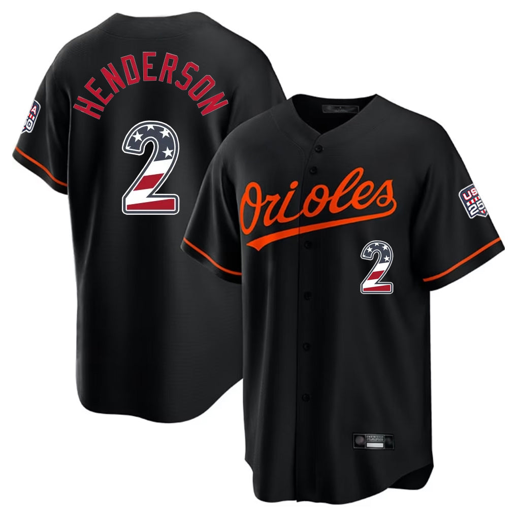 Tlead B.Orioles #2 Gunnar Henderson Player Black USA 250 Fourth of July Home Game Stitched Jerseys