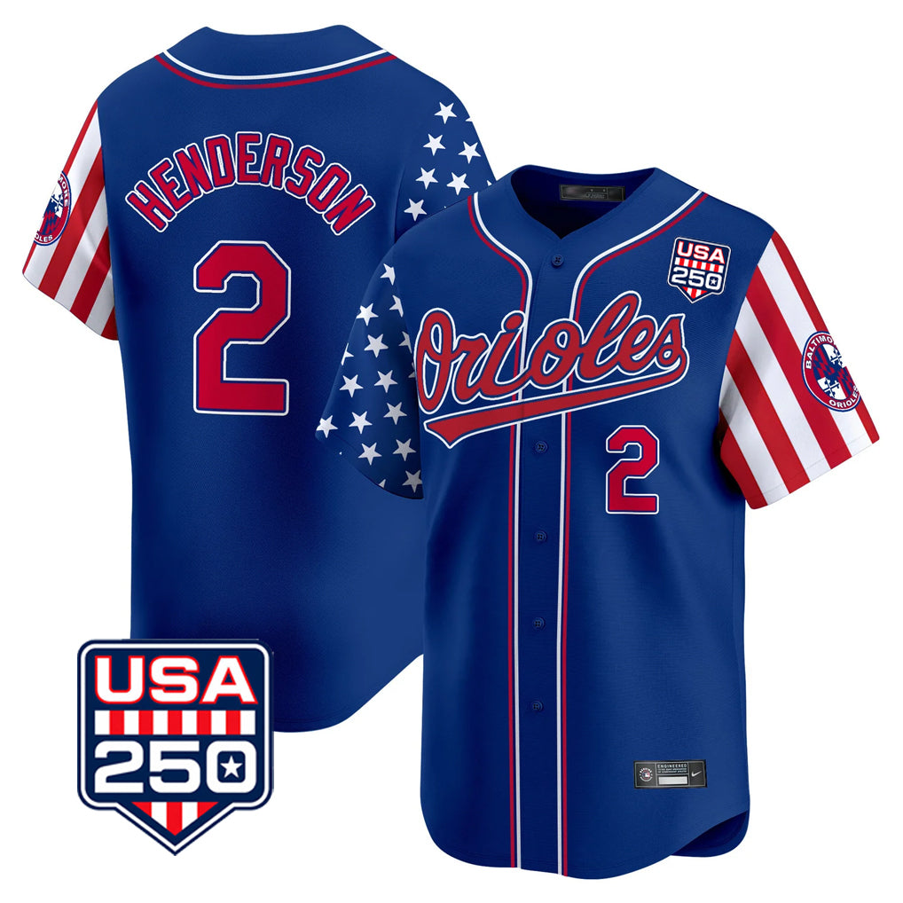 Tlead B.Orioles #2 Gunnar Henderson Player Royal USA 250 Independence Day Vapor Premier Limited Home Game Stitched Jerseys