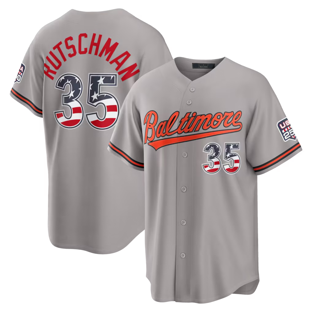 Tlead B.Orioles #35 Adley Rutschman Gray USA 250 Fourth of July Road Stadium Jersey