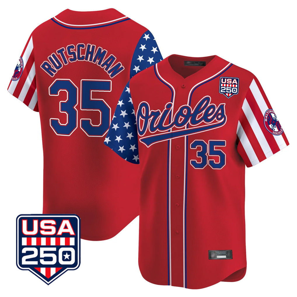 Tlead B.Orioles #35 Adley Rutschman Player Red USA 250 Independence Day Vapor Premier Limited Home Game Stitched Jerseys