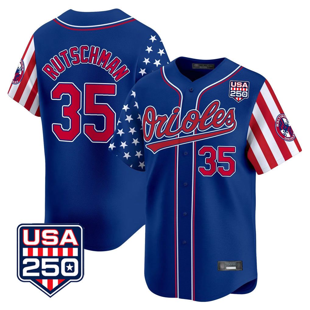 Tlead B.Orioles #35 Adley Rutschman Player Royal USA 250 Independence Day Vapor Premier Limited Home Game Stitched Jerseys