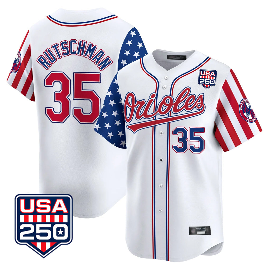 Tlead B.Orioles #35 Adley Rutschman Player White USA 250 Independence Day Vapor Premier Home Game Stitched Jerseys