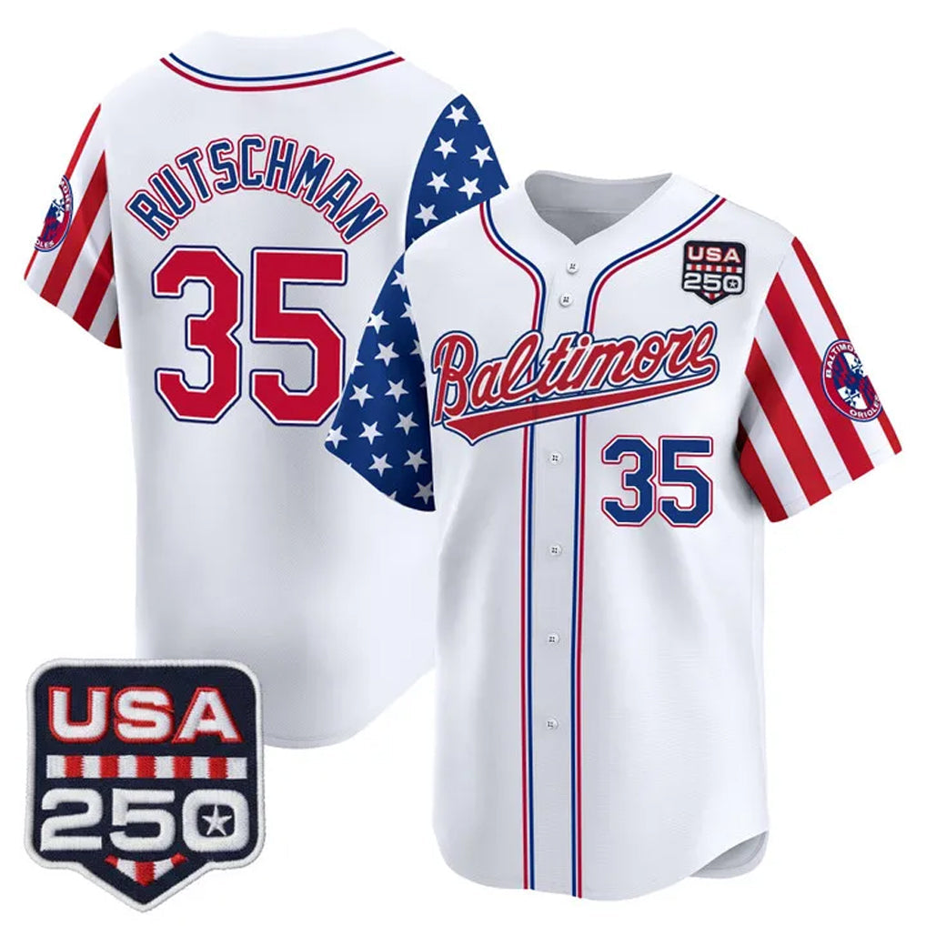 Tlead B.Orioles #35 Adley Rutschman Player White USA 250 Independence Day Vapor Premier Limited Home Game Stitched Jerseys