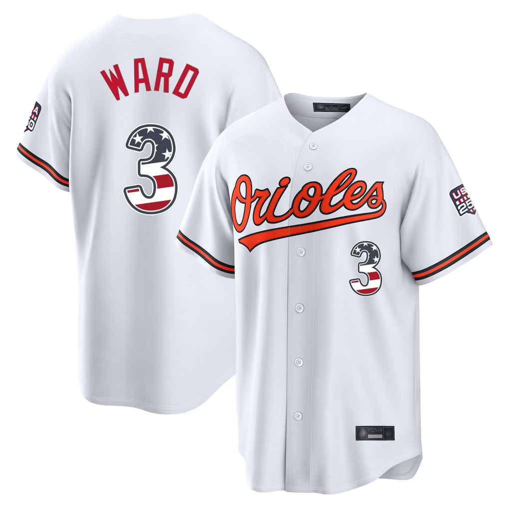 Tlead B.Orioles #3 Taylor Ward Player White USA 250 Fourth of July Home Game Stitched Jerseys