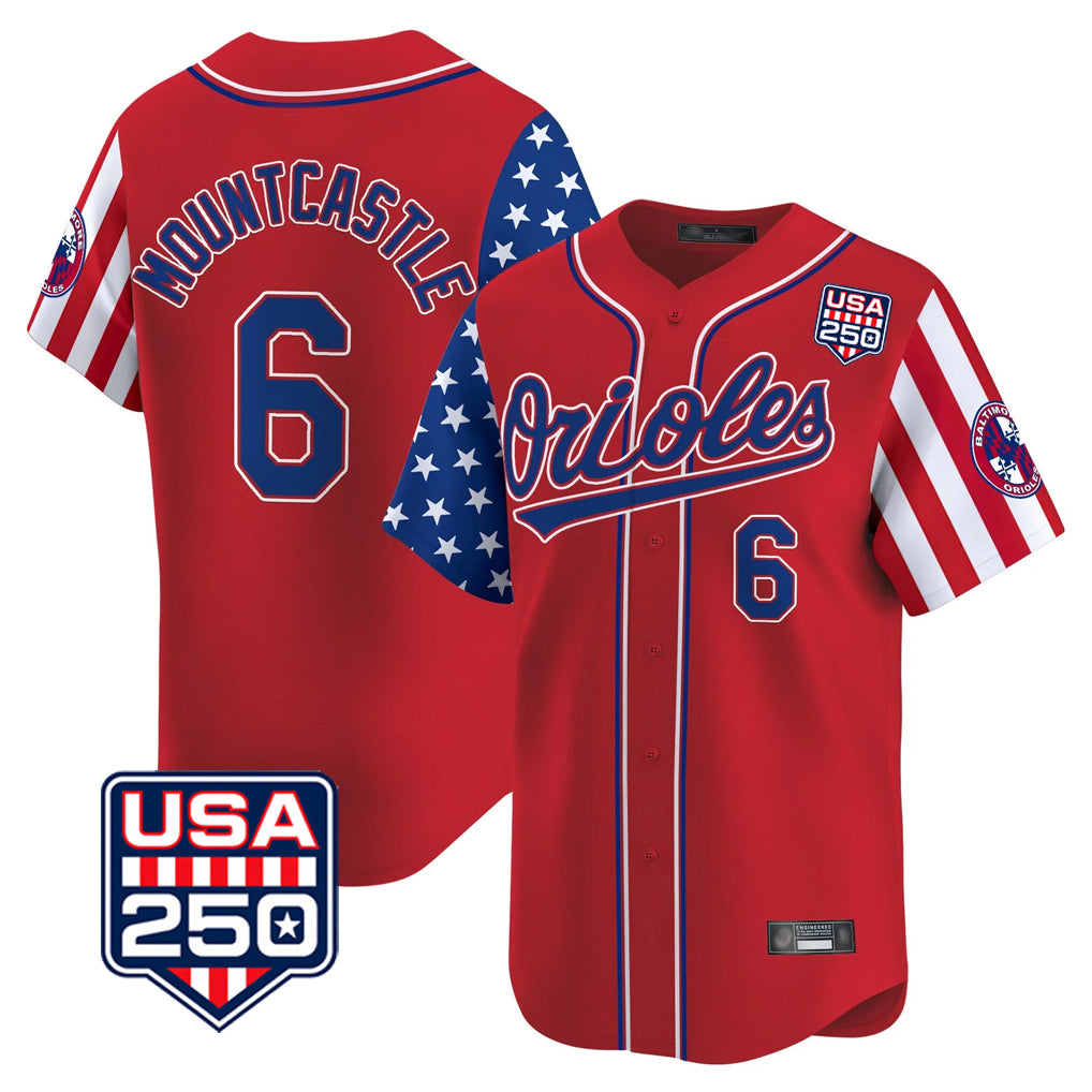 Tlead B.Orioles #6 Ryan Mountcastle Player Red USA 250 Independence Day Vapor Premier Limited Home Game Stitched Jerseys