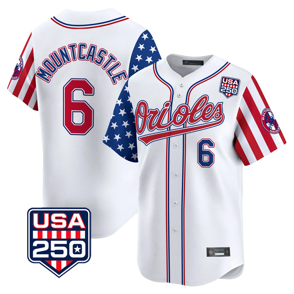 Tlead B.Orioles #6 Ryan Mountcastle Player White USA 250 Independence Day Vapor Premier Home Game Stitched Jerseys