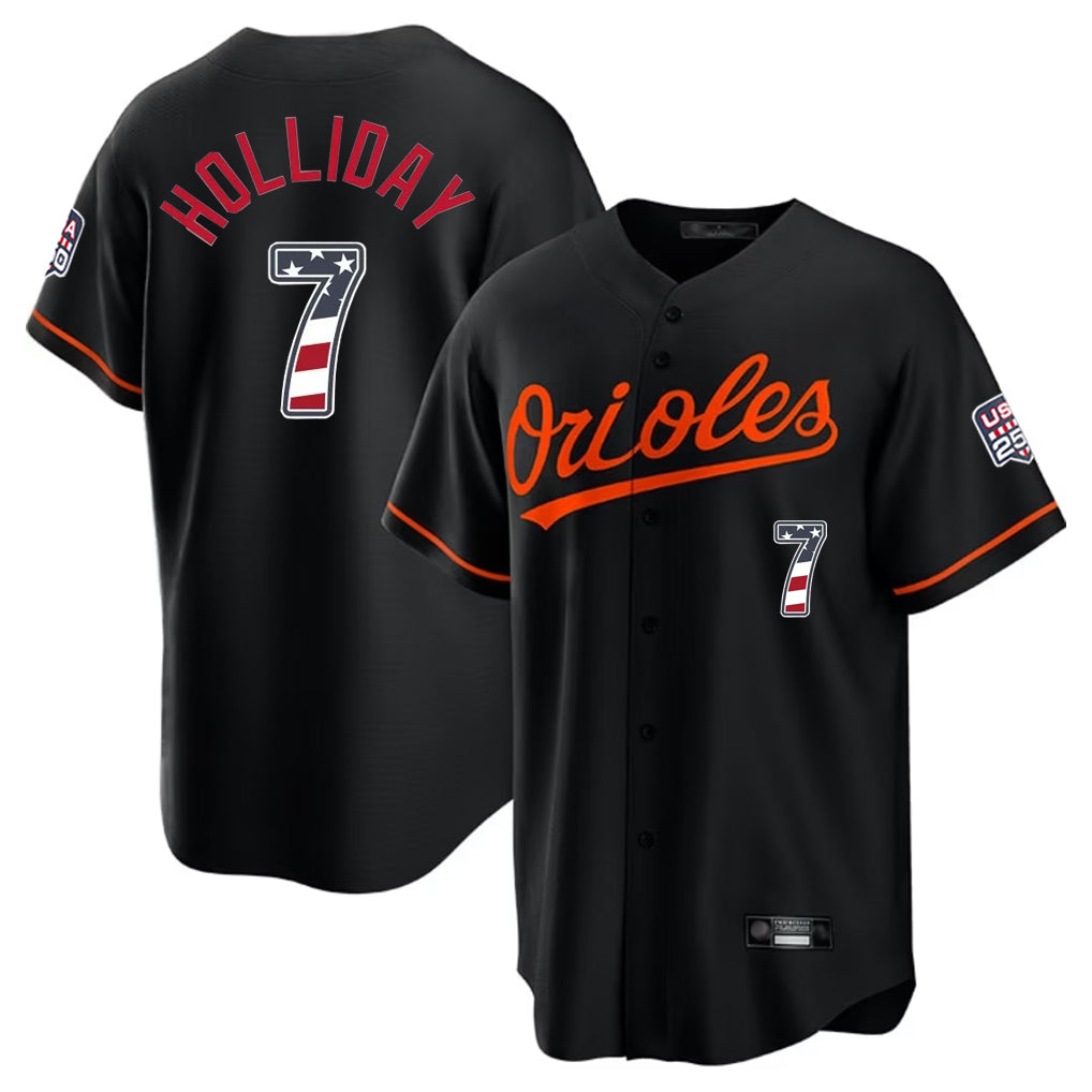 Tlead B.Orioles #7 Jackson Holliday Player Black USA 250 Fourth of July Home Game Stitched Jerseys