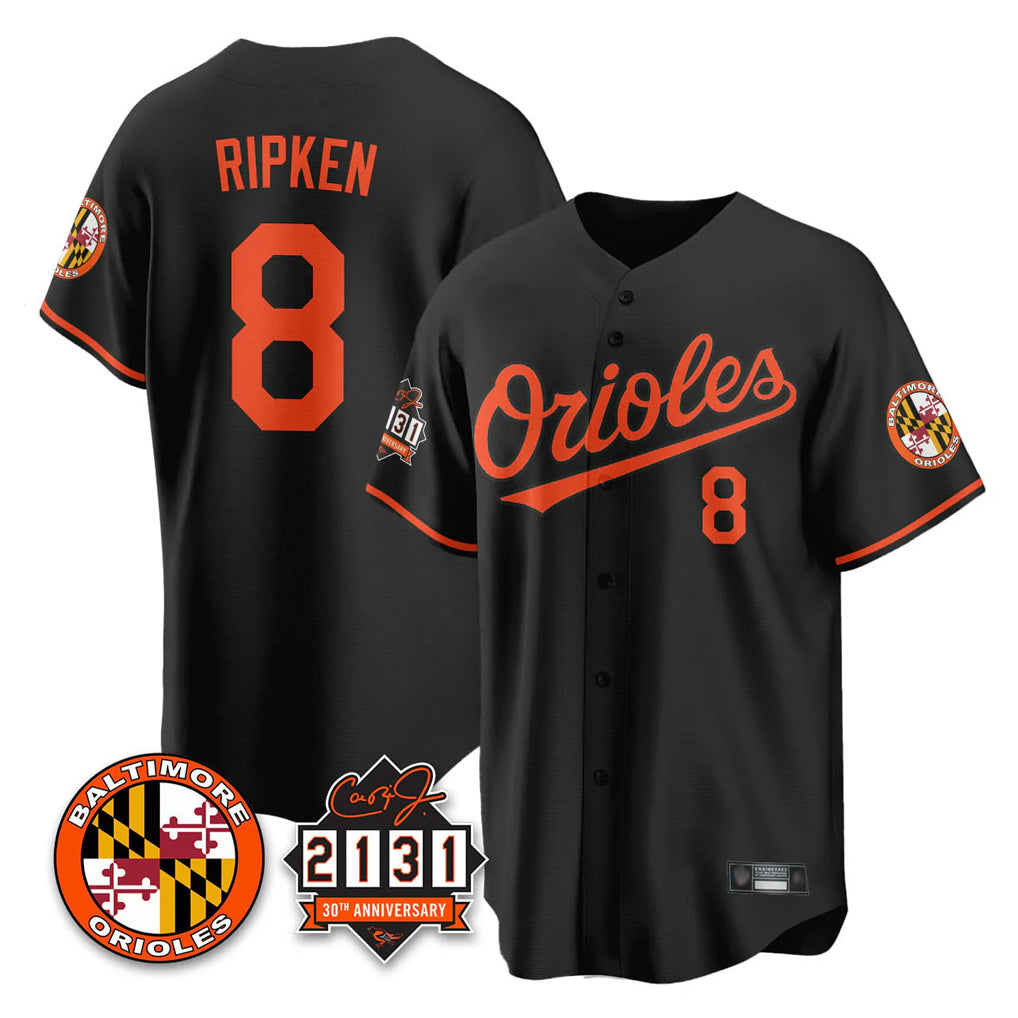Tlead B.Orioles #8 Cal Ripken Player Black 30th Anniversary of 2131 Home Game Stitched Jerseys