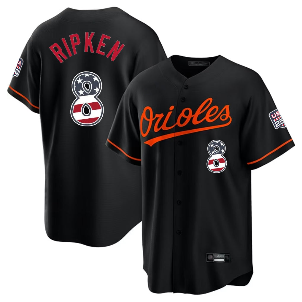 Tlead B.Orioles #8 Cal Ripken Player Black USA 250 Fourth of July Home Game Stitched Jerseys