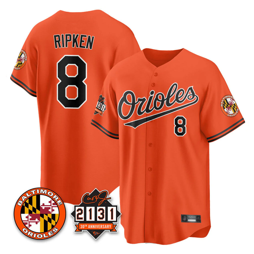 Tlead B.Orioles #8 Cal Ripken Player Orange 30th Anniversary of 2131 Home Game Stitched Jerseys