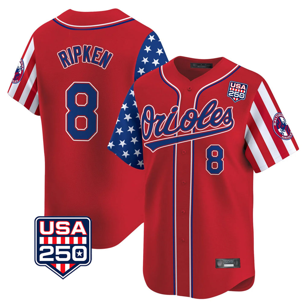 Tlead B.Orioles #8 Cal Ripken Player Red USA 250 Independence Day Vapor Premier Limited Home Game Stitched Jerseys