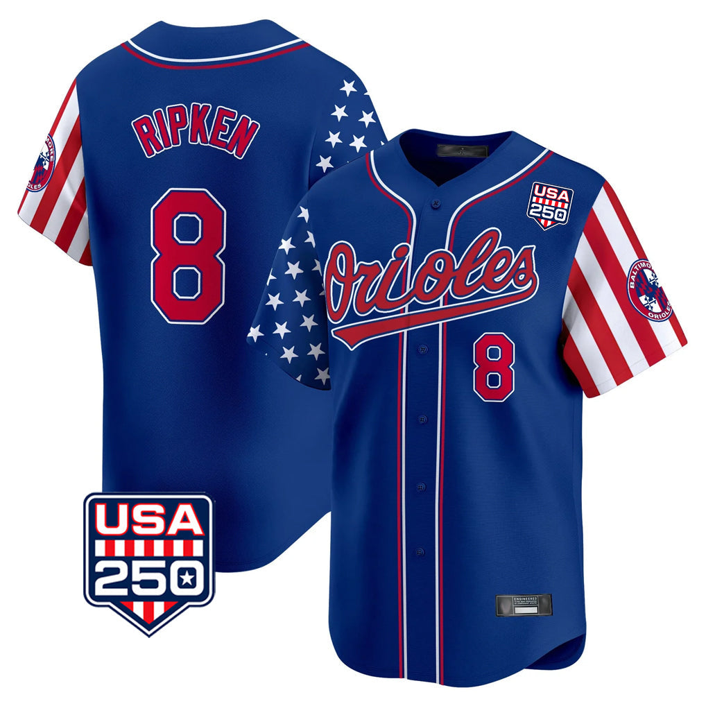 Tlead B.Orioles #8 Cal Ripken Player Royal USA 250 Independence Day Vapor Premier Limited Home Game Stitched Jerseys