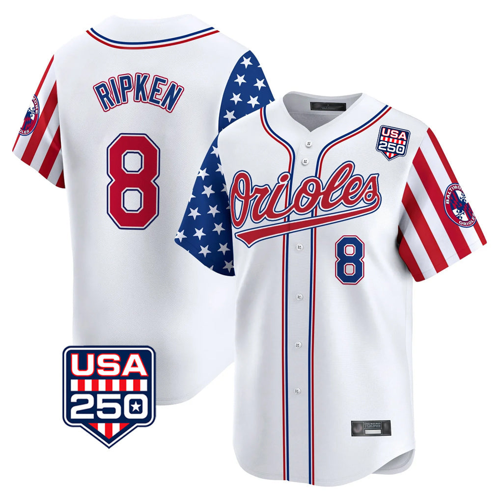 Tlead B.Orioles #8 Cal Ripken Player White USA 250 Independence Day Vapor Premier Home Game Stitched Jerseys