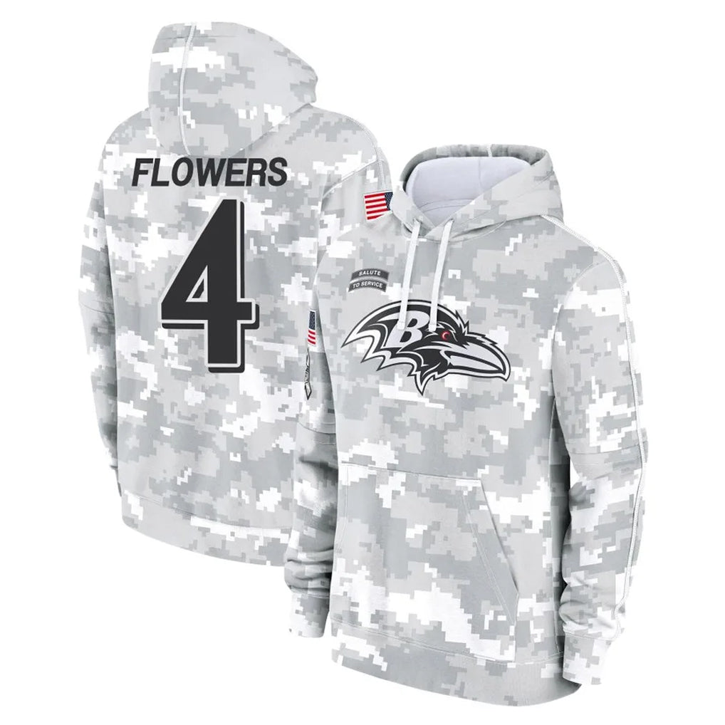 Tlead B.Ravens #4 Zay Flowers Player Arctic Camo Salute to Service Pullover Hoodie Stitched Jerseys
