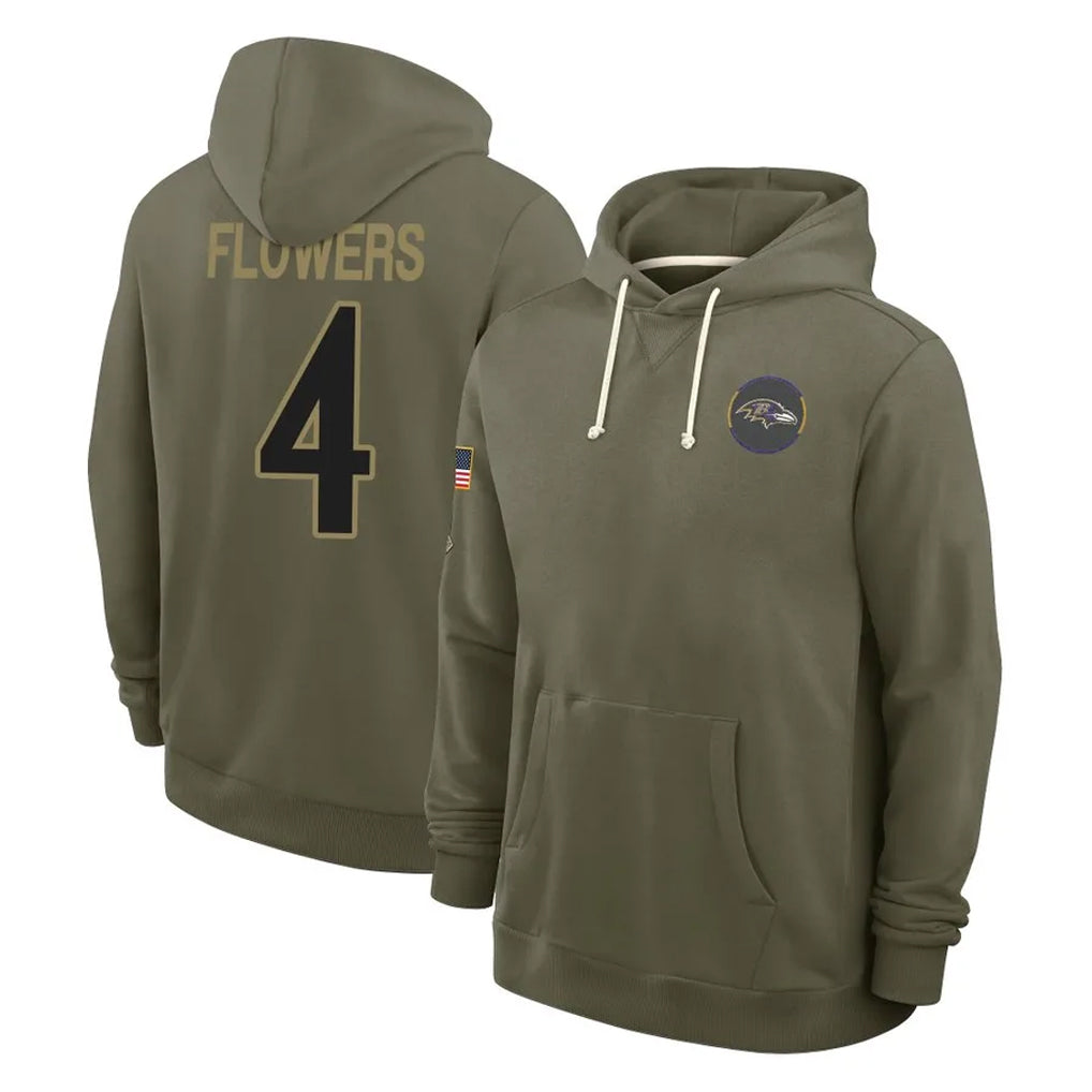Tlead B.Ravens #4 Zay Flowers Player Olive Salute to Service Hoodie Stitched Jerseys