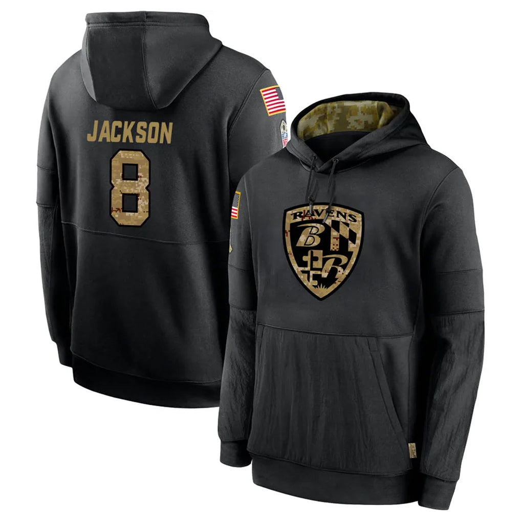 Tlead B.Ravens #8 Lamar Jackson Player Black Salute to Service Pullover Hoodie Stitched Jerseys