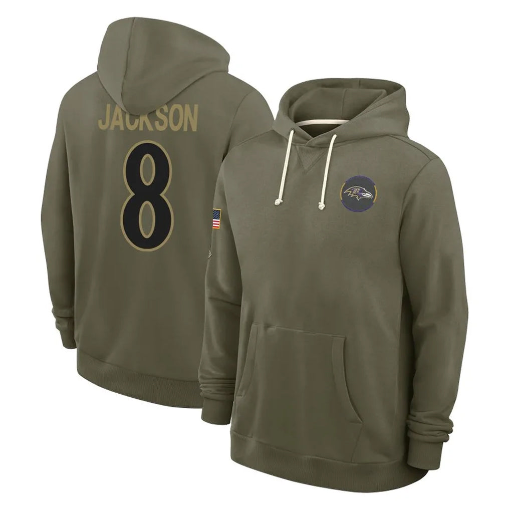 Tlead B.Ravens #8 Lamar Jackson Player Olive Salute to Service Hoodie Stitched Jerseys