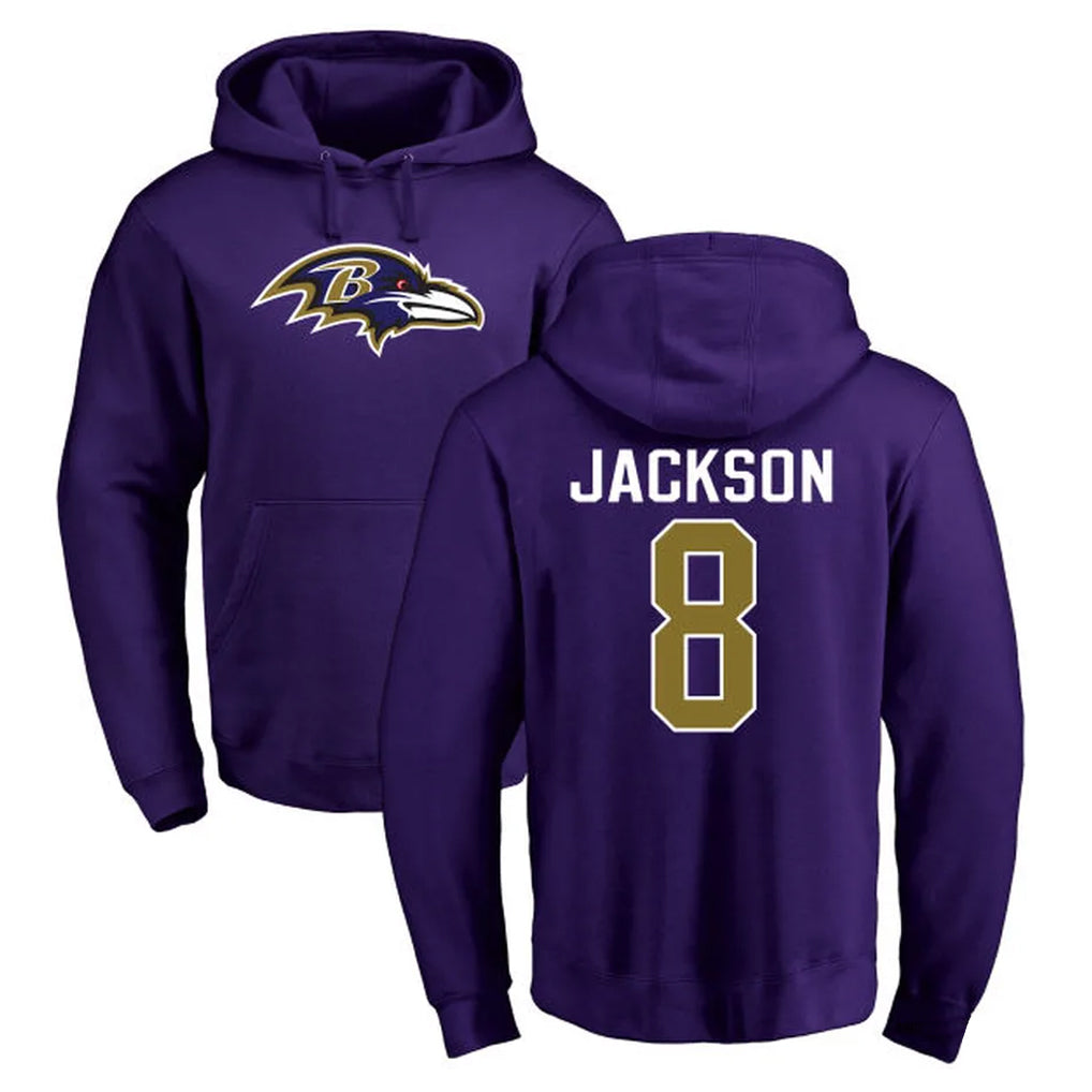 Tlead B.Ravens #8 Lamar Jackson Player Purple Salute to Service Pullover Hoodie Stitched Jerseys