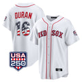 Tlead B.Red Sox #16 Jarren Duran Player White USA 250 Fourth of July Home Game Stitched Jerseys