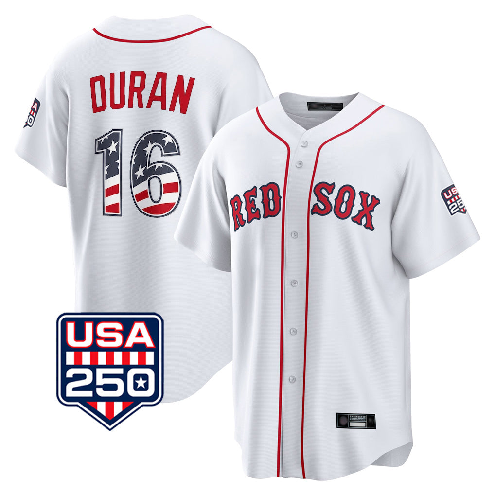 Tlead B.Red Sox #16 Jarren Duran Player White USA 250 Fourth of July Home Game Stitched Jerseys