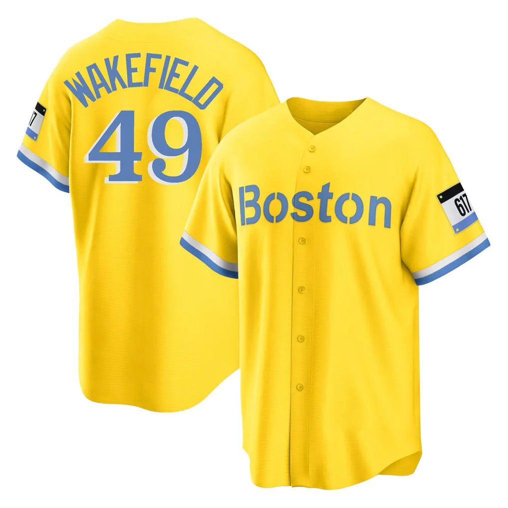 Tlead B.Red Sox #49 Tim Wakefield Player Yellow Home Game Stitched Jerseys
