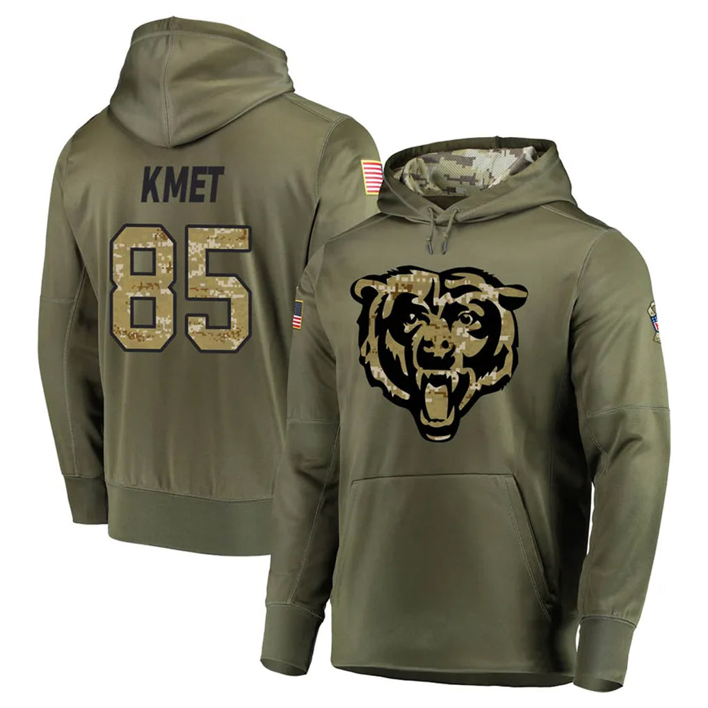 Tlead C.Bears #85 Cole Kmet Player Olive Salute to Service Pullover Hoodies Home Game Stitched Jerseys