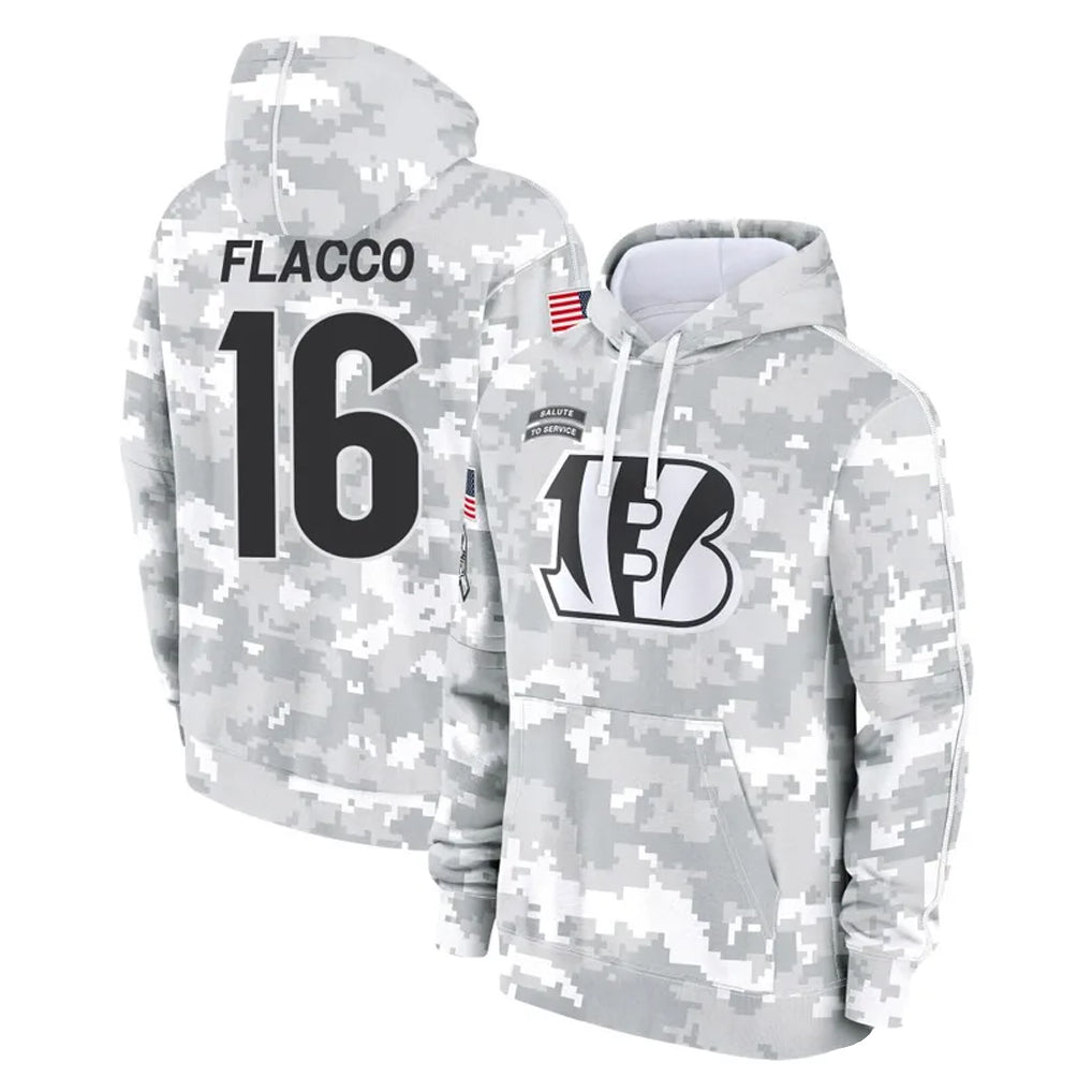 Tlead C.Bengals #16 Joe Flacco Player Arctic Camo Salute to Service Pullover Hoodie Limited Stitched Jerseys
