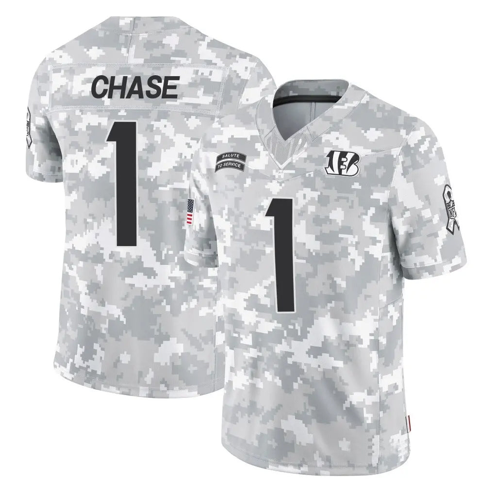 Tlead C.Bengals #1 Ja'Marr Chase Player Arctic Camo Salute to Service Limited Stitched Jerseys