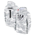 Tlead C.Bengals #1 Ja'Marr Chase Player Arctic Camo Salute to Service Pullover Hoodie Limited Stitched Jerseys
